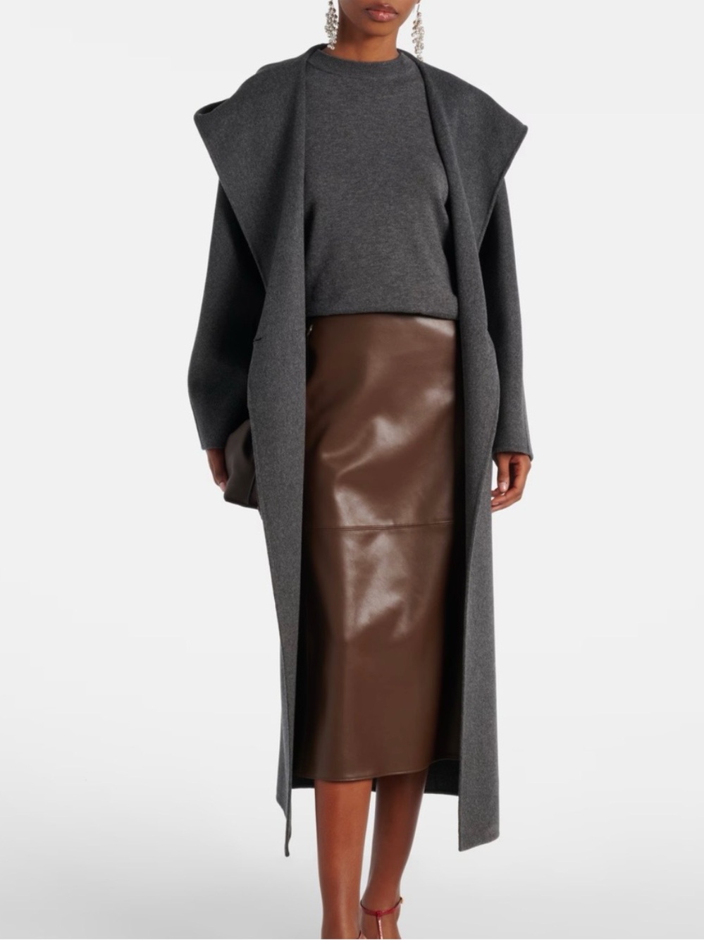 S MaxMara Brown Leather Plata Midi Pencil Skirt